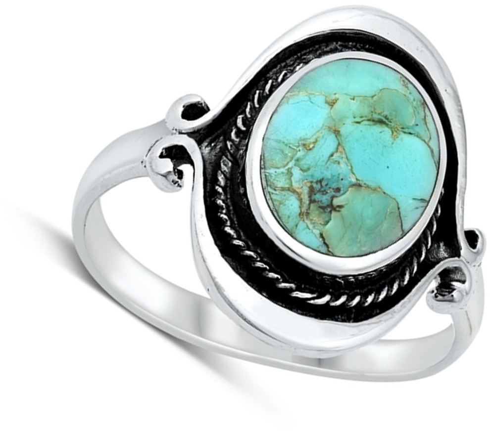 Round Cabochon Turquoise 15mm & antiqued 925 Bali style Ring s 6.5