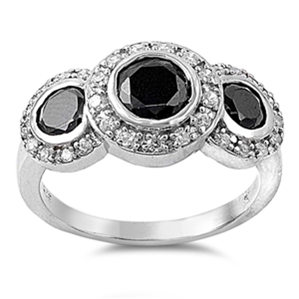 Black CZ Trio Halo Round Cocktail Ring New .925 Sterling Silver Band Sizes 5-10