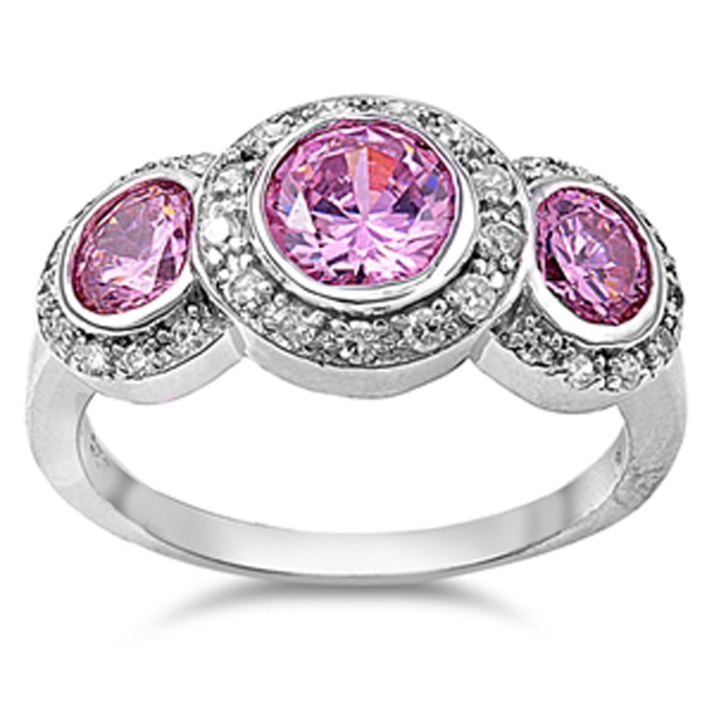 Pink CZ Triple Round Wedding Ring New .925 Sterling Silver Band Sizes 5-12
