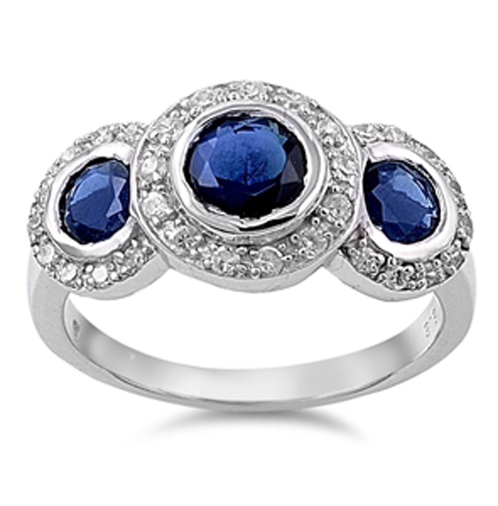 Blue Sapphire CZ Round Bezel Halo Ring New .925 Sterling Silver Band Sizes 5-12