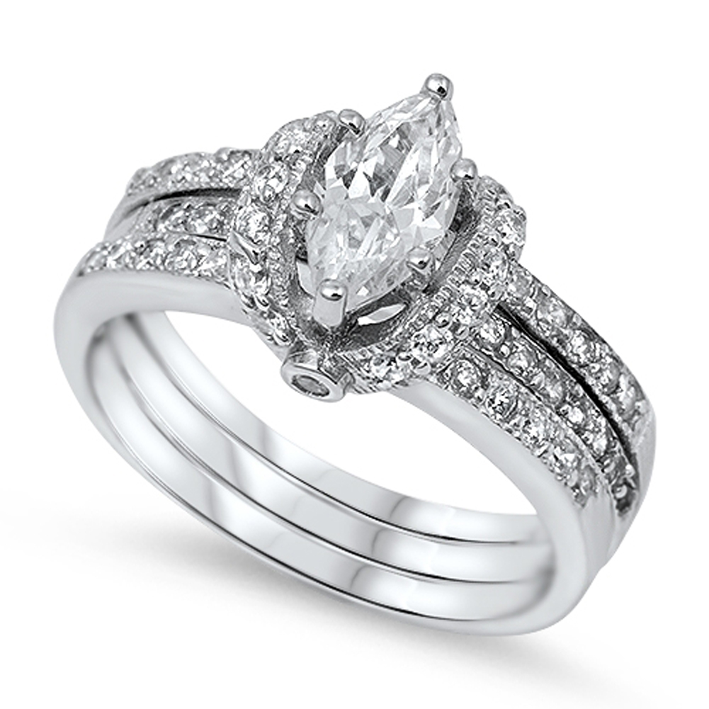 Marquise White CZ Bridal Engagement Ring Set 925 Sterling Silver Band Sizes 4-13