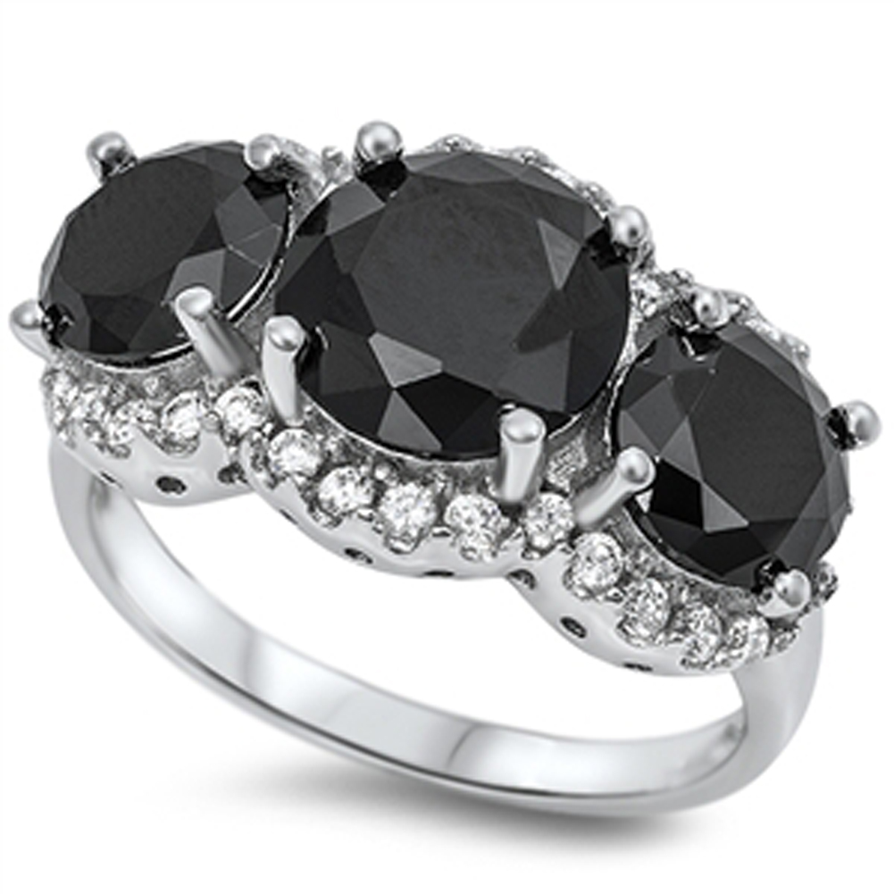 Black CZ Triple Round Halo Faceted Ring New .925 Sterling