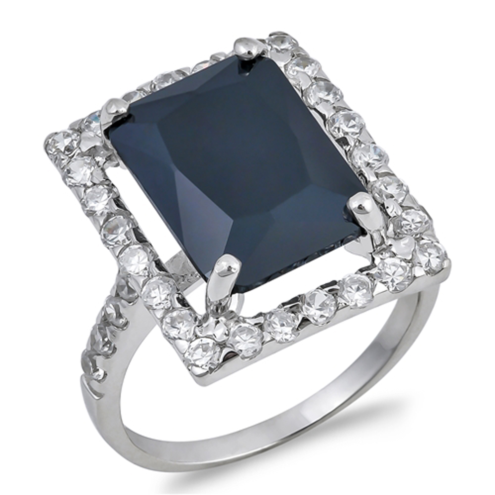 【BLACKPURPLE】23FW★ silver925 Mystic Halo Ring Black CZ Rectangle Open Halo Ring New .925 Sterling Silver