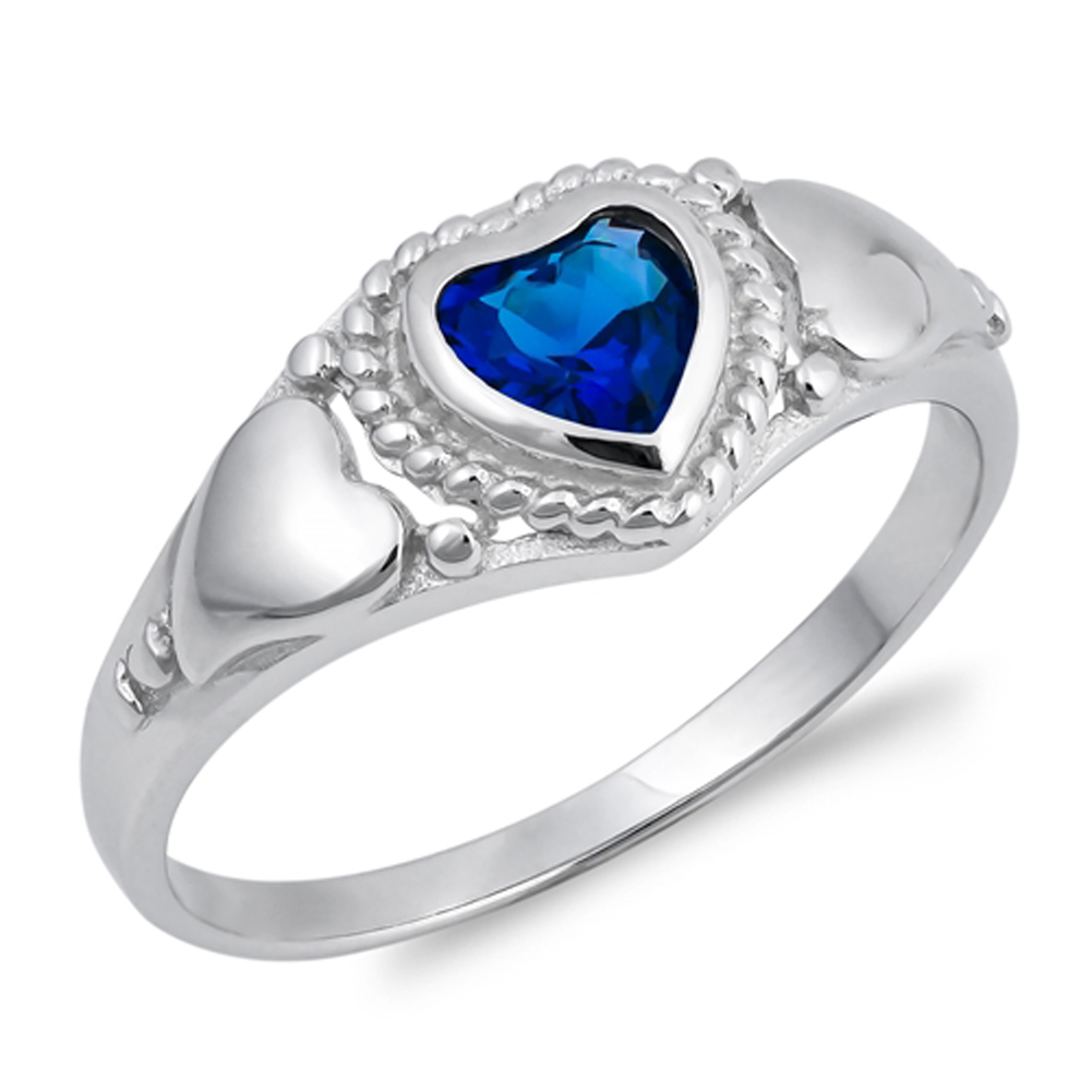 Blue Sapphire CZ Heart Bezel Promise Ring .925 Sterling Silver Band Sizes 4-9