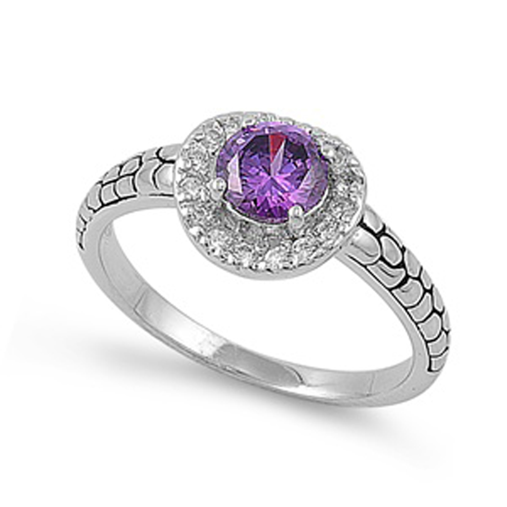 Amethyst CZ Round Halo Cracked Ring New .925 Sterling Silver Band Sizes 5-9