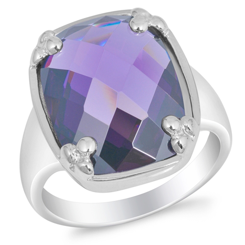 Amethyst CZ Faceted Large Wide Ring New .925 Sterling Silver Band Sizes 6-10