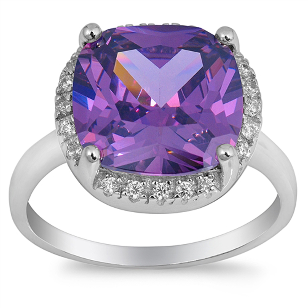 Amethyst CZ Large Solitaire Halo Ring New .925 Sterling Silver Band Sizes 5-10