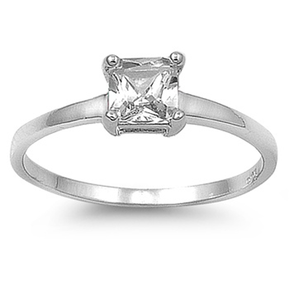 Square Clear CZ Solitaire Cute Ring New .925 Sterling Silver Band Sizes 5-9