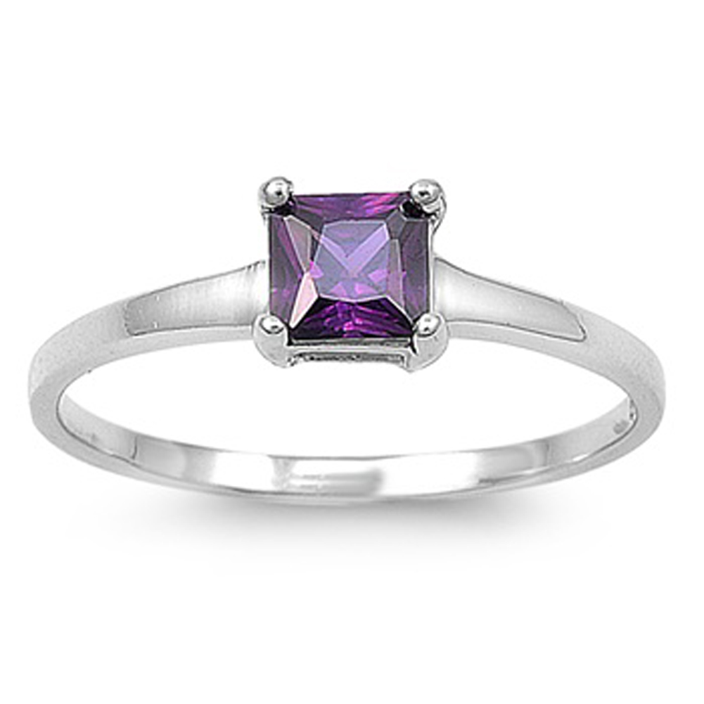 Small Princess Cut Square Amethyst CZ Solitaire Sterling Silver Ring Sizes 4-10