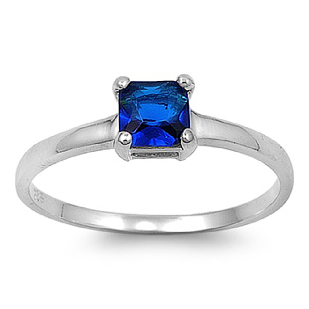 Square Solitaire Blue Sapphire CZ Wedding Ring Sterling Silver Band Sizes 4-10