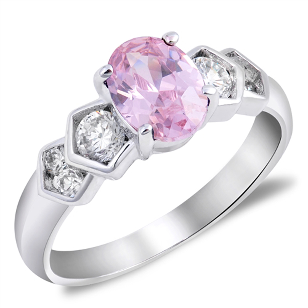 Oval Pink CZ Solitaire Anniversary Ring New .925 Sterling Silver Band Sizes 5-9
