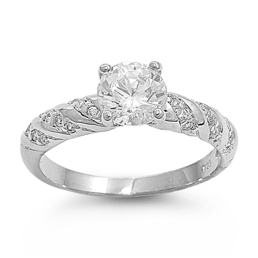 Clear CZ Polished Twist Bridal Engagement Ring Sterling Silver Band Sizes 5-9