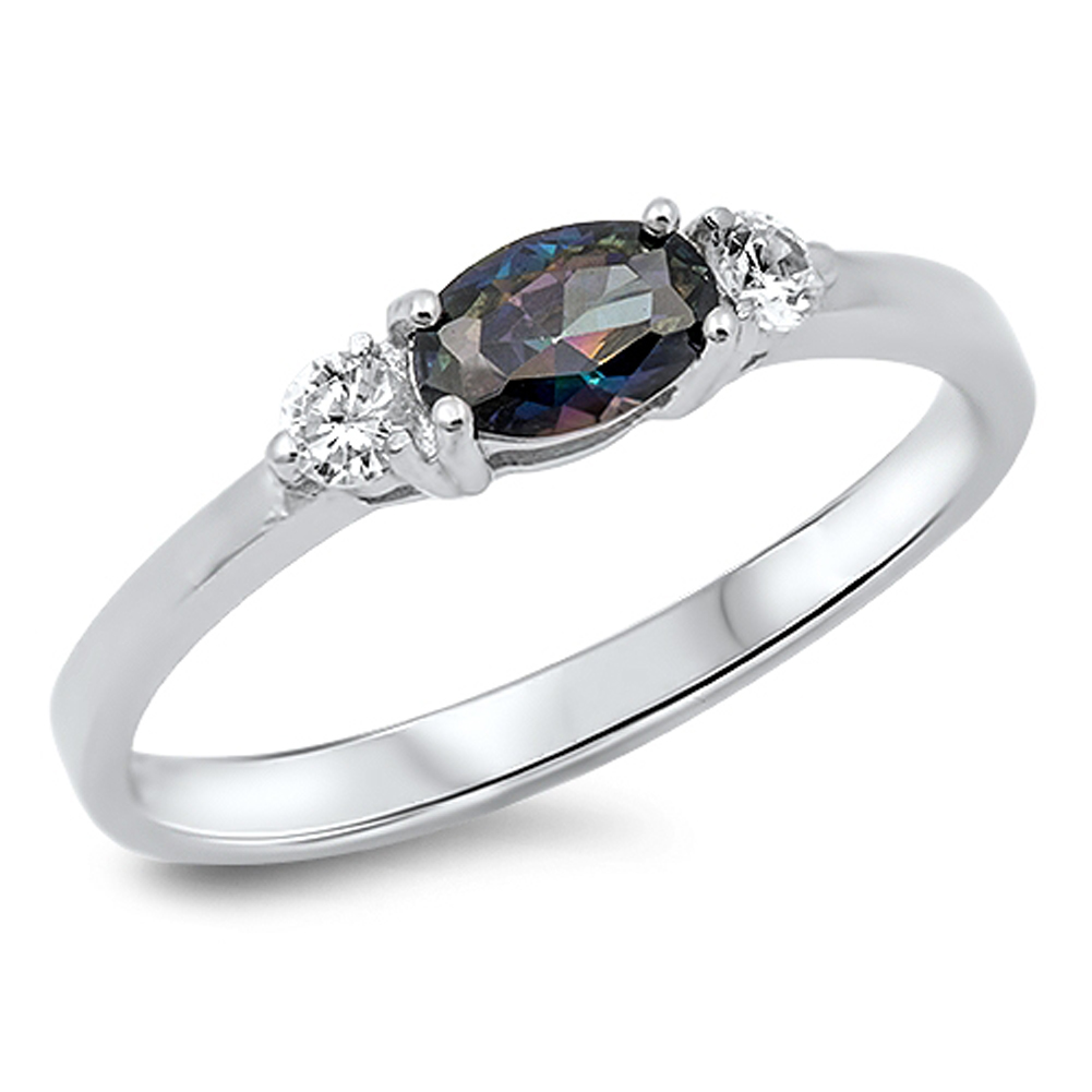 Women's Oval Rainbow Topaz CZ Promise Ring .925 Sterling Silver Band Sizes 5-10
