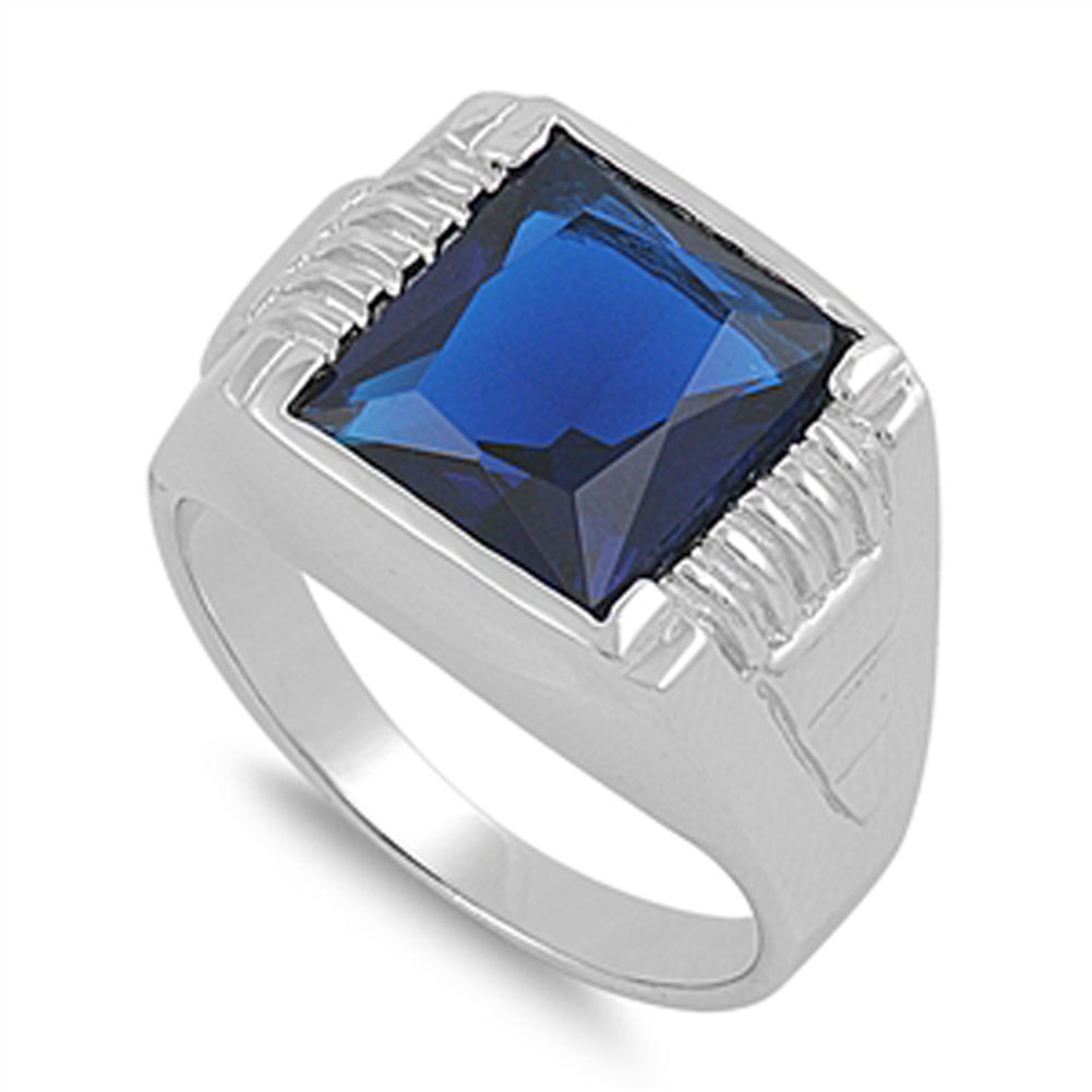 Men's Blue Sapphire CZ Fashion Ring New .925 Sterling Silver Band Sizes 9-13