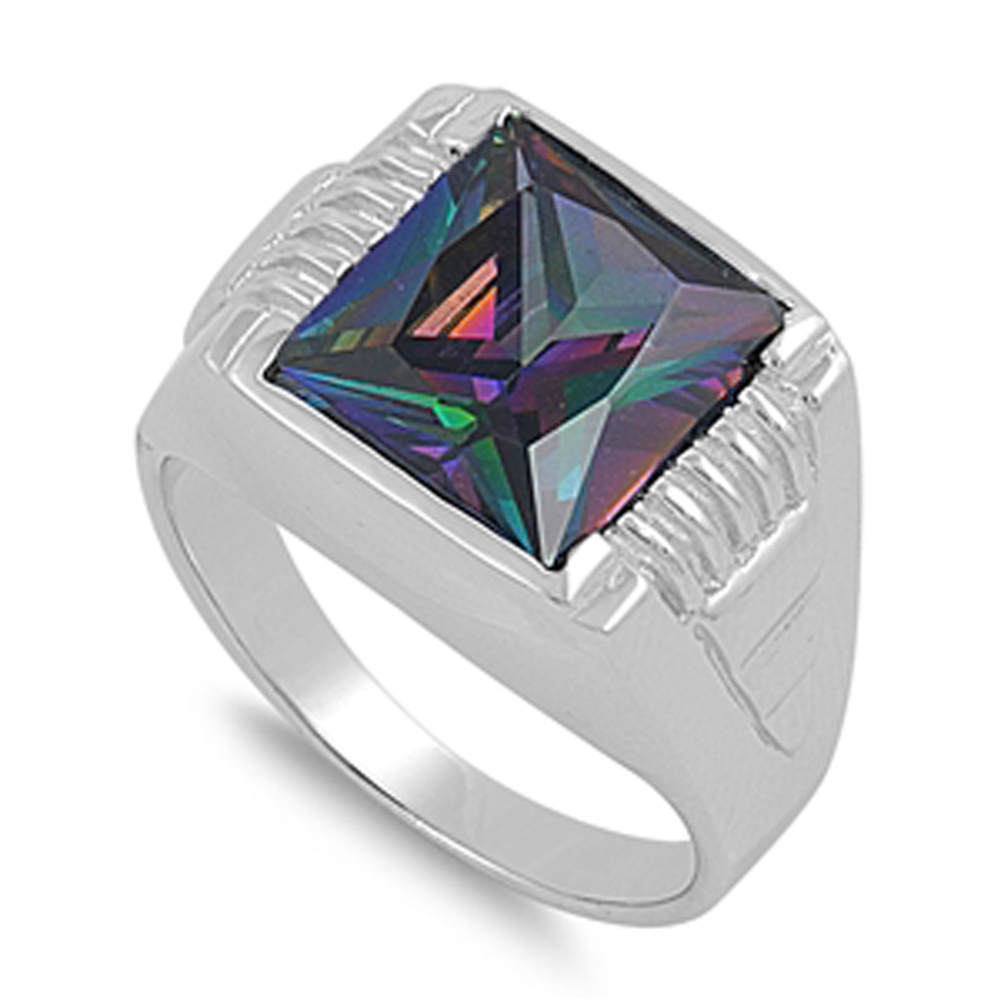 Men's Square Cut Rainbow Topaz CZ Cute Ring .925 Sterling Silver Band Sizes 9-13