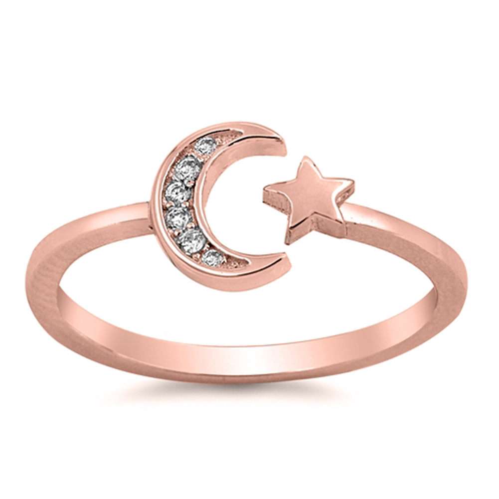 Sac Silver .925 Sterling Silver Moon & Star Open Ring – CZ Simulated Gem, Band Sizes 4-13