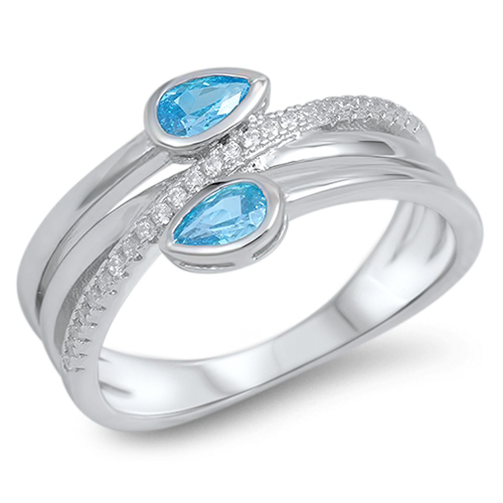 Blue CZ Criss-Cross Knot Teardrop Ring 925 Sterling Silver