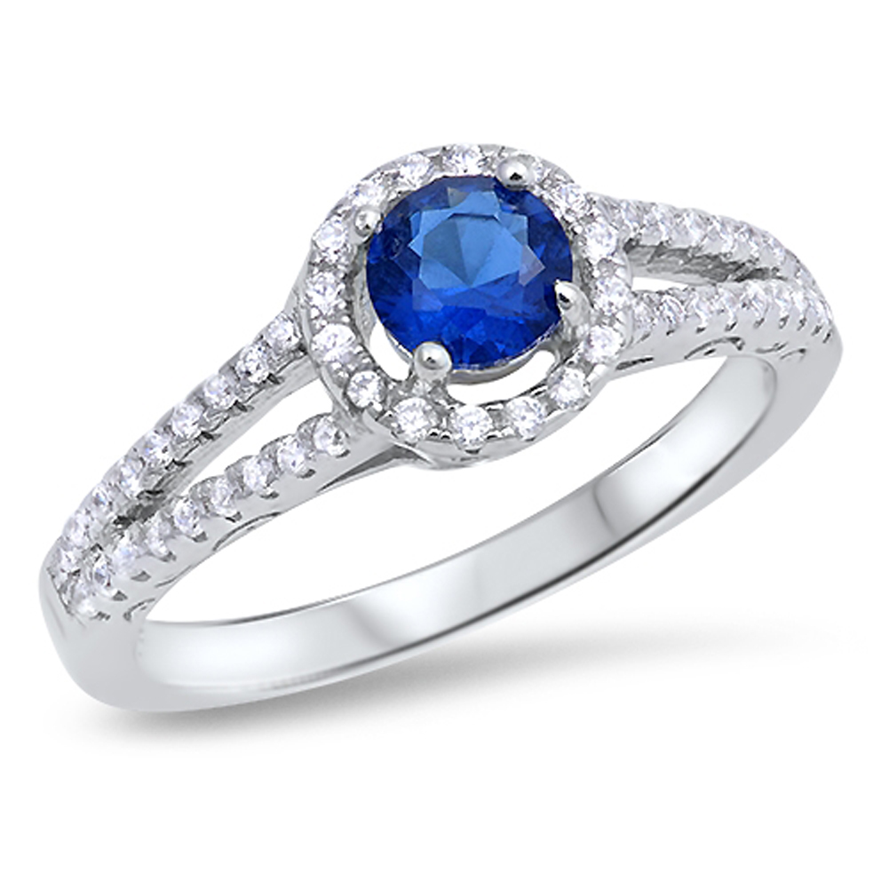 Round Blue Sapphire & Cz .925 Sterling Silver Ring Sizes 5-10