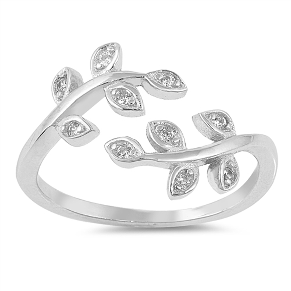 Open Leaf Clear CZ Tree Branch Nature Ring .925 Sterling Silver