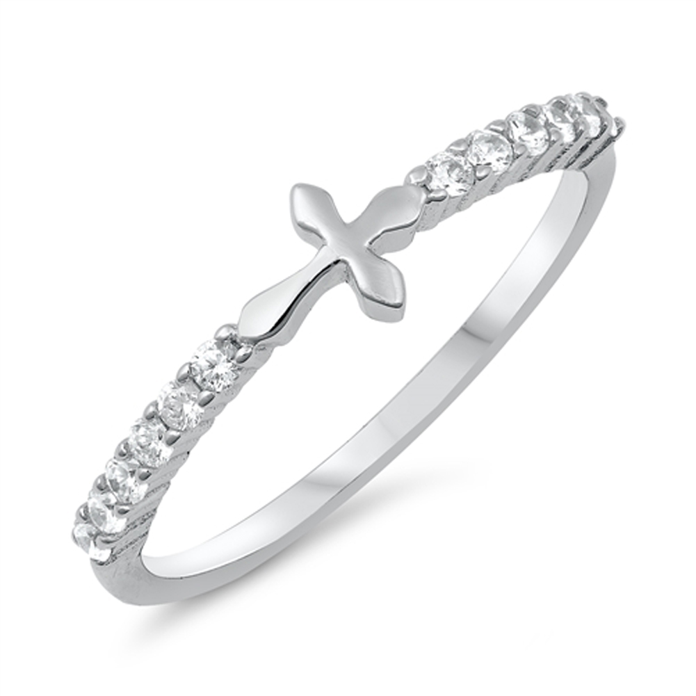 Clear CZ Sideways Cross Christian Purity Ring Sterling Silver Band