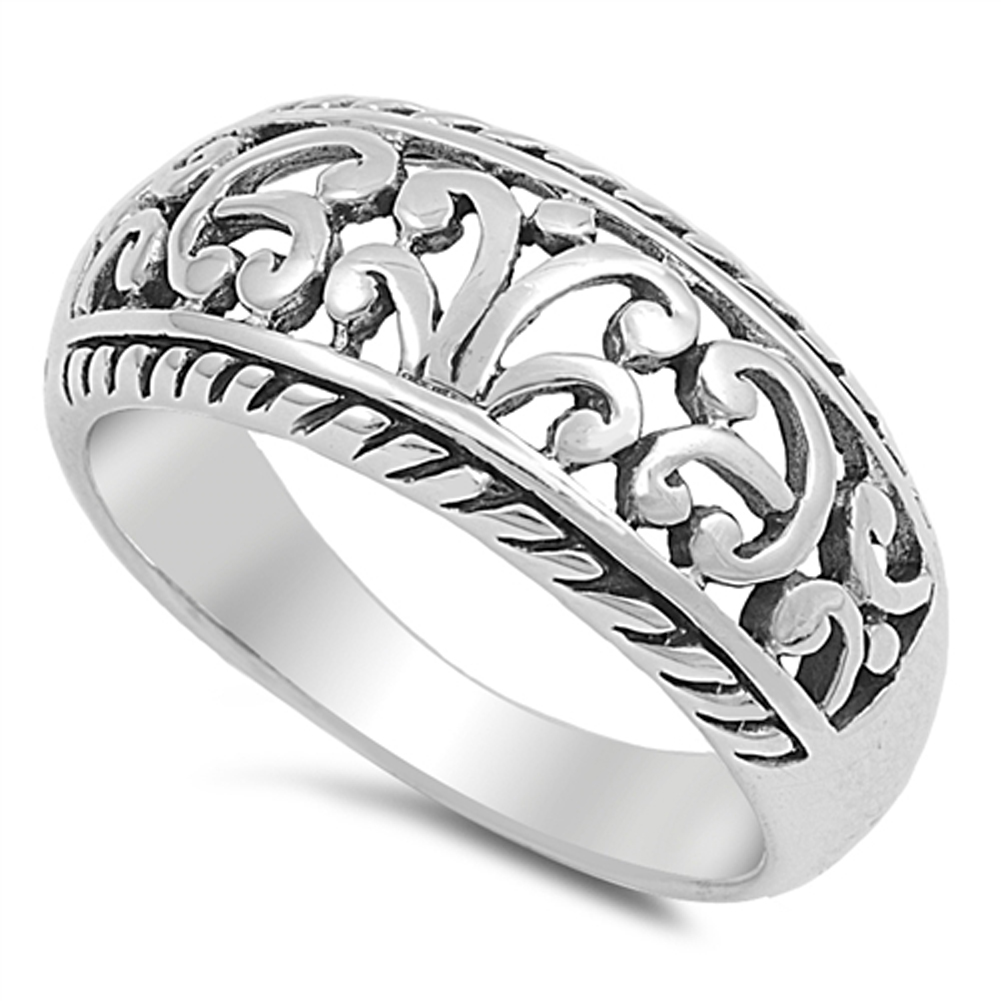 Wide Filigree Floral Oxidized Vintage Ring .925 Sterling
