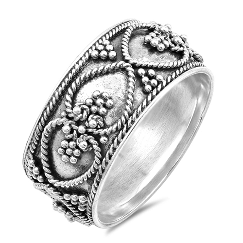 Flower Bead and Rope Design Wide Band Ring Sterling Silver